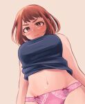 1girl angry bare_shoulders belly black_shirt blouse blush boku_no_hero_academia bow bow_panties breasts brown_eyes brown_hair clothes_lift from_below groin highres large_breasts looking_at_viewer navel panties pink_panties shirt shirt_lift short_hair simple_background solo tabetai_omochi underwear uraraka_ochako white_background 