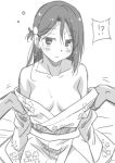  !? 1girl 1other aroused bare_shoulders bed_sheet blush breasts collarbone floral_print greyscale hair_between_eyes hair_ornament hairclip half-closed_eyes japanese_clothes kimono long_hair looking_at_viewer love_live! love_live!_sunshine!! marugoshi_teppei medium_breasts messy_hair monochrome motion_lines no_bra obi on_bed open_clothes open_kimono parted_lips pov pov_hands sakurauchi_riko sash sitting speech_bubble spoken_interrobang sweat undressing_another white_background 