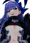  1girl absurdres albino_(a1b1n0623) blue_eyes blue_hair fate/extra fate/extra_ccc fate_(series) flat_chest hair_ribbon highres long_hair looking_at_viewer meltryllis_(fate) navel open_mouth purple_hair ribbon sleeves_past_fingers sleeves_past_wrists solo upper_body white_background 