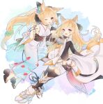  2girls animal_ears animal_print armor black_gloves black_ribbon black_thighhighs blonde_hair braid breastplate erune fish fish_print gloves granblue_fantasy japanese_clothes kimono multiple_girls one_eye_closed ponytail purple_eyes ribbon sandals thighhighs white_footwear yae_(yae_ringo) yuisis_(granblue_fantasy) yukata 