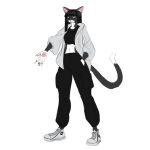  ankh_fi&#039;nlo anthro belly black_body black_clothing black_fur black_hair black_tail blue_eyes clothing domestic_cat felid feline felis female footwear fur goth hair mammal pawpads shoes solo tail typhoonxvii white_belly white_body white_clothing white_fur white_hands white_tail_tip 