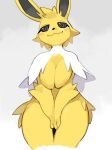  anthro big_breasts black_nose breast_squish breasts canid canine digital_media_(artwork) eeveelution female fingers fur generation_1_pokemon hair half-closed_eyes hand_between_legs hi_res jolteon kame_3 kemono looking_at_viewer mammal narrowed_eyes nintendo pokemon pokemon_(species) simple_background smile solo spiral_eyes squish thick_thighs white_body white_fur yellow_body yellow_fur 