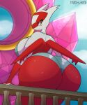  absurd_res anthro big_breasts big_butt bra breasts butt butt_focus clothing female generation_3_pokemon hexami hi_res huge_butt latias legendary_pokemon looking_back nintendo panties pokemon pokemon_(species) sitting solo underwear yellow_eyes 