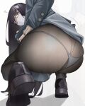  1girl absurdres ass ass_focus black_footwear black_hair black_pantyhose buttons glasses high_heels highres jacket long_hair long_sleeves looking_at_viewer looking_back mask mole mole_on_ass mouth_mask panties pantyhose solo squatting underwear unluckytobii white_panties 