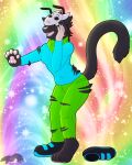  absurd_res anthro bandanna bottomwear clothing domestic_cat felid feline felis female fetishbruary footwear hi_res humanoid kerchief mammal mask notail pants shoes short solo thatblackfox_(artist) torn_clothing transformation 