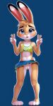  ai_generated belly blue_eyes blush bottomwear clothing crop_top female fur genitals gesture lagomorph leporid long_ears looking_at_viewer mammal miniskirt navel open_mouth pussy rabbit shirt simple_background skirt solo standing tail tan_body tan_fur topwear v_sign white_belly 