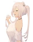  1girl animal_ears bare_shoulders breasts choker ear_piercing fangs grey_eyes grey_hair hair_between_eyes highres hololive jewelry large_breasts lion_ears lion_girl loose_clothes loose_shirt low_twintails necklace official_alternate_hairstyle piercing piisu shirt shishiro_botan t-shirt twintails virtual_youtuber white_shirt 