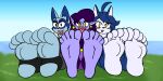  4_toes 5_toes anthro big_feet breath clothing darkburst_(artist) feet felid feline female foot_fetish foot_focus footwear frozarcold group hi_res humanoid imp male male/female mammal outside panting paws smile smiling_at_viewer socks soles stirrup_footwear stirrup_socks stirrups toes tongue tongue_out trio 