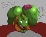  absurd_res anthro bed belly_lentel bellyboi13 big_butt butt duo first_person_view furniture hi_res huge_butt humanoid hyper hyper_butt kobold laying_on_chest lizard male male/male nervous reptile scalie short_stack simple_background sound_effects text window 