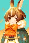  1girl :3 animal_ear_fluff animal_ears bangs blush bow brown_eyes brown_hair cape carrot carrot_background chinese_zodiac fur-trimmed_cape fur_collar fur_trim highres kanchuumimai looking_at_viewer multicolored_hair new_year nishida_yuu original quilted_clothes rabbit_ears rabbit_girl scarf scarf_bow short_hair smile solo streaked_hair two-tone_hair upper_body white_hair year_of_the_rabbit 