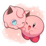  ;d absurdres blue_eyes blush blush_stickers bright_pupils cheek-to-cheek closed_mouth commentary english_commentary full_body happy heads_together highres hug jigglypuff kirby kirby_(series) looking_at_another no_humans one_eye_closed open_mouth pink_background pokemon pokemon_(creature) sevi_(seviyummy) simple_background smile star_(symbol) white_background white_pupils 