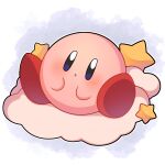  :o absurdres blue_background blush cloud commentary full_body highres kirby kirby_(series) looking_at_viewer no_humans parted_lips sevi_(seviyummy) simple_background sitting sitting_on_cloud solo star_(symbol) white_background 