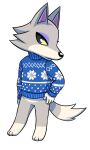  2020 angelicmissmarie animal_crossing anthro biped blue_clothing blue_sweater blue_topwear bottomless bottomless_anthro bottomless_male canid canine canis clothed clothing countershade_fur countershading digital_drawing_(artwork) digital_media_(artwork) dipstick_tail fang_(animal_crossing) female full-length_portrait fur grey_body grey_fur hi_res male mammal markings nintendo portrait simple_background snowflake_print sweater tail tail_markings topwear white_background wolf yellow_sclera 
