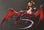  1girl abs black_background breasts dragon_girl dragon_horns dragon_tail dragon_wings english_text fate/grand_order fate_(series) green_eyes highres horns light_brown_hair long_hair maebari meow_on_road mordred_(fate) mordred_(fate/apocrypha) navel pointy_ears ponytail revealing_clothes scar scar_on_stomach small_breasts tail wings 