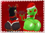  anthro bell big_butt black_hair bottomwear brown_body brown_ears brown_fur brown_tail butt butt_size_difference canid canine canis christmas christmas_clothing christmas_headwear christmas_present clothing dobermann domestic_dog duo fake_antlers fur gift girly gloves green_body hair handwear hat headgear headwear hi_res holding_gift holding_object holidays huge_butt humanoid ineffective_clothing jay_(sqoon) looking_back lucas_(sssonic2) male mammal multicolored_body multicolored_fur orange_eyes pinscher puwa red_background red_bottomwear red_clothing red_shorts red_thong red_tube_top red_underwear ribbons santa_hat shorts simple_background tail te_dizzle thigh_ring thong topwear tube_top two_tone_body two_tone_fur underwear yellow_eyes 