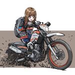  1girl backpack bag bangs black_footwear blue_pants boots brown_eyes brown_hair dirtbike ground_vehicle highres looking_down medium_hair motor_vehicle motorcycle mud original pants red_shirt scared shin_osawa shirt solo vehicle_focus 