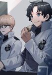  2boys badge bangs black_hair blue_eyes food glasses highres holding holding_food ichijou_yukimaru indoors jacket katagiri_squad&#039;s_uniform katagiri_takaaki licking_lips light_brown_hair long_sleeves looking_at_another looking_at_viewer male_focus milk_carton multiple_boys sako_(oyatutabero) short_hair side-by-side sideways_glance snowflake_print tongue tongue_out upper_body white_jacket world_trigger 