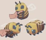  1other animal_focus antennae bee bee_(minecraft) bug commentary_request disembodied_limb full_body grey_background holding minecraft multiple_views norasame_(dagako) rubbing simple_background stinger wings 