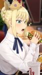  1girl aqua_eyes artist_name artoria_pendragon_(fate) bendy_straw blonde_hair blue_ribbon blurry blurry_background braid burger burger_king commentary cup disposable_cup drinking_straw english_commentary fast_food fate/stay_night fate_(series) food french_braid french_fries from_side highres holding holding_food indoors long_sleeves neck_ribbon open_mouth paper_crown ribbon saber sasoura shirt solo sparkle textless_version white_shirt wing_collar 