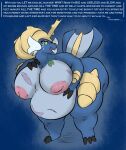  2023 3_toes abdominal_scar angry anthro areola armor belly big_areola big_belly big_breasts blue_background blue_body blue_fur bodily_fluids breast_scar breasts claws countershade_torso countershading crying curvy_figure deep_navel dialogue english_text eyebrows eyelashes feet female fur generation_5_pokemon green_eyes hi_res horn huge_breasts inverted_nipples mammal marine navel nintendo nipples nude obese obese_female open_mouth overweight overweight_female pinniped plant plantedpot pokemon pokemon_(species) pokemorph ria_(plantedpot) samurott scar simple_background solo tears text thick_thighs toe_claws toes voluptuous whiskers wide_hips 