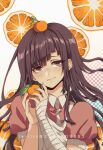  1girl bandaged_arm bandages bangs collared_shirt commentary criis-chan danganronpa_(series) danganronpa_2:_goodbye_despair food food_on_head fruit holding holding_food long_hair mandarin_orange mole mole_under_eye multicolored_background object_on_head pink_shirt puffy_short_sleeves puffy_sleeves purple_eyes shirt short_sleeves smile solo symbol-only_commentary tsumiki_mikan twitter_username upper_body white_shirt 