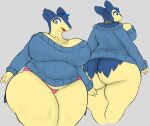  2023 anthro big_breasts big_butt blue_body blue_eyes blue_fur blue_highlights bottomless breasts butt chest_tuft cleavage clothed clothing eyelashes female fur generation_2_pokemon grey_background hi_res highlights_(coloring) looking_at_viewer looking_down looking_down_at_viewer markings neck_markings nintendo notched_ear open_mouth panties pink_clothing pink_panties pink_underwear plantedpot pokemon pokemon_(species) portrait simple_background slightly_chubby solo sweater tan_body tan_fur thick_thighs three-quarter_portrait topwear tuft typhlosion underwear val_(plantedpot) wide_hips 