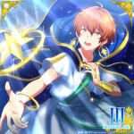  1boy 2020 ahoge aki_ma_jiro aoi_kyosuke blue_cloak bracelet character_name cloak dated earrings hair_between_eyes highres idolmaster idolmaster_side-m jewelry male_focus open_mouth orange_eyes outstretched_hand short_sleeves star_(symbol) tears teeth upper_teeth_only 