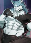  abs andromorph angry anthro brand_new_animal canid canine canis clothed clothing collar fur hi_res intersex male mammal raised_clothing raised_shirt raised_topwear shirou_ogami shirt simple_background solo studio_trigger topwear white_body white_fur wolf 