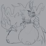  2022 4_fingers absurd_res anthro big_breasts breast_play breasts chest_tuft clawed_fingers collar female finger_in_mouth fingers fusion generation_1_pokemon generation_5_pokemon gengar genitals hand_on_breast hi_res huge_breasts inner_ear_fluff inverted_nipples legendary_pokemon looking_at_viewer nintendo nipples not_furry penis pokemon pokemon_(species) pokemon_fusion reapcreates831 reshiram sex sharp_teeth sketch small_penis solo spiked_collar spikes teeth titfuck tuft 