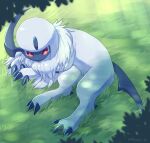  absol bright_pupils claws commentary_request day grass highres ibusaki_(ivu) light_rays lying no_humans outdoors pokemon pokemon_(creature) red_eyes solo watermark white_pupils 