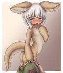  aiasuru ambiguous_gender animal_ear_fluff animal_ears ass baggy_pants blush body_fur clothes_pull embarrassed fluffy furry highres huge_ass looking_at_viewer looking_back made_in_abyss nanachi_(made_in_abyss) narehate pants pants_pull short_hair solo tail topless whiskers white_hair yellow_eyes 