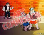  2023 anilover16 anthro blue_hair bottomwear brok_the_investigator clothing dart_(brok_the_investigator) detailed_background distracting_watermark domestic_cat felid feline felis fight graff_filsh grey_body group hair hi_res humanoid_hands male mammal murid murine outside pants punch rat rodent shirt shorts squealers_chief topwear watermark 