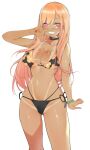  1girl absurdres bangs bikini black_bikini black_choker blonde_hair blush bracelet brashear_lushert breasts choker cleavage ear_piercing earrings fingernails floral_print grin gyaru highres jewelry kitagawa_marin large_breasts long_fingernails long_hair looking_at_viewer nail_polish navel piercing pink_eyes print_bikini smile solo sono_bisque_doll_wa_koi_wo_suru swimsuit tan tanlines white_background 