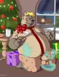  2022 balls belly big_belly black_nose blush bravo christmas christmas_tree cookie detailed_background erection eyewear food genitals glasses hi_res holidays humanoid_genitalia humanoid_hands humanoid_penis hyena inside mammal mink moobs mustelid musteline night nipples penis plant solo_focus tree true_musteline 