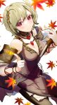  1girl absurdres autumn_leaves bangs bare_shoulders blonde_hair book breasts citrinne_(fire_emblem) cleavage commentary_request cover detached_sleeves fire_emblem fire_emblem_engage hair_ornament highres jewelry looking_at_viewer medium_breasts mu_tu_bu red_eyes short_hair simple_background smile solo swept_bangs upper_body wavy_hair wing_hair_ornament 