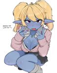  big_breasts blonde_hair blue_body blush bottomwear bra breasts cleavage clothed clothing ear_piercing female gesture gyaru hair humanoid humanoid_pointy_ears kneeling league_of_legends ohasiart piercing pigtails poppy_(lol) purple_eyes riot_games skirt solo tongue tongue_out tongue_piercing underwear v_sign yordle 
