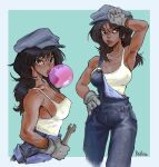  1girl aqua_background arm_up armpits atlantis:_the_lost_empire audrey_ramirez bangs black_hair blue_overalls border breasts brown_eyes bubble_blowing cleavage covered_nipples cowboy_shot dark-skinned_female dark_skin debirudude earrings gloves grey_gloves highres holding holding_wrench jewelry long_hair looking_at_viewer multiple_views overalls signature simple_background tank_top upper_body white_border white_tank_top wrench 