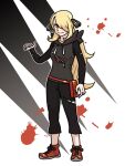  1girl bangs black_pants black_shirt blonde_hair closed_mouth commentary_request cosplay cynthia_(pokemon) eyelashes fanny_pack full_body gladion_(pokemon) gladion_(pokemon)_(cosplay) grey_vest habatakuhituji hair_ornament hair_over_one_eye hand_up hood hooded_vest hoodie looking_at_viewer pants pokemon pokemon_(game) pokemon_dppt pokemon_sm red_bag red_footwear shirt shoes smile solo standing tassel torn_clothes torn_pants torn_shirt vest wavy_hair 