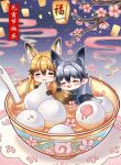  2girls :3 :d absurdres animal_ears black_hair blazer blush bow bowl bowtie branch cherry_blossoms chibi chinese_text closed_mouth eating egasumi extra_ears ezo_red_fox_(kemono_friends) flower food food_request fox_ears fox_girl fox_tail gloves highres in_bowl in_container jacket kemono_friends kemono_friends_kingdom long_hair multiple_girls official_art open_mouth orange_hair pink_flower seigaiha silver_fox_(kemono_friends) smile straight_hair tail 