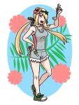  1girl :d blonde_hair blush commentary_request cosplay cynthia_(pokemon) eyelashes flower footwear_ribbon full_body green_footwear green_headband green_ribbon grey_overalls habatakuhituji hair_ornament hair_over_one_eye hand_on_hip headband holding holding_ladle knees ladle long_hair looking_at_viewer mallow_(pokemon) mallow_(pokemon)_(cosplay) open_mouth overall_shorts overalls pink_eyes pink_flower pink_shirt pokemon pokemon_(game) pokemon_dppt pokemon_sm ribbon shirt shoes smile solo standing tongue twintails 