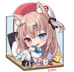  1girl :d animal animal_ear_fluff animal_ears baseball_cap black_bow blue_camisole blue_eyes blue_shorts blue_socks blush bow brown_hair camisole chibi commentary crown cup denim denim_shorts dog dollar_sign hair_bow hair_ornament hairclip hat heterochromia hitsukuya looking_at_viewer mini_crown mug no_shoes object_hug on_floor original red_eyes short_shorts shorts signature simple_background smile socks solo stuffed_animal stuffed_penguin stuffed_toy two_side_up white_background white_headwear wooden_floor 