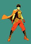 1boy aqua_background black_hair cape character_request full_body gloves highres limited_palette navel orange_cape orange_footwear pants pectorals red_gloves red_pants see-through see-through_shirt shoes short_hair simple_background snk solo standing suyinliao the_king_of_fighters 