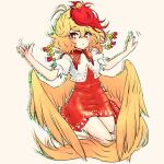  1girl animal animal_on_head bangs bird bird_on_head bird_tail bird_wings blonde_hair blush carbohydrate_(asta4282) chick dress feathered_wings full_body hair_between_eyes highres motion_lines multicolored_hair niwatari_kutaka on_head parted_lips red_dress red_eyes red_hair shirt short_hair short_sleeves solo tail touhou two-tone_hair white_shirt wings yellow_wings 