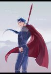  1boy armor blue_bodysuit blue_hair bodysuit cape character_name cigarette cowboy_shot cu_chulainn_(fate) cu_chulainn_(fate/stay_night) dated fate/stay_night fate_(series) gae_bolg_(fate) grey_background grin hair_strand hand_on_hip happy_birthday highres long_hair makina_(nikki_m7_) male_focus ponytail red_cape red_eyes revision shoulder_armor smile solo standing 