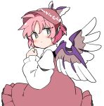  1girl animal_ears bangs bird_ears bird_wings blush brown_dress brown_headwear closed_mouth dress earrings frilled_dress frills grey_eyes hair_between_eyes hat ini_(inunabe00) jewelry long_sleeves mystia_lorelei pink_hair short_hair simple_background single_earring sleeve_garter solo touhou white_background white_wings winged_hat wings 