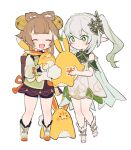  2girls :d bangs bell bloomers blunt_bangs blush bow bow-shaped_hair braid brown_hair cape closed_eyes cross-shaped_pupils detached_sleeves do_m_kaeru dress genshin_impact gold_trim gradient_hair green_eyes green_hair green_sleeves grey_hair hair_bell hair_between_eyes hair_ornament holding holding_stuffed_toy jacket long_hair long_sleeves looped_braids medium_hair multicolored_hair multiple_girls nahida_(genshin_impact) parted_lips pointy_ears ponytail red_bow shorts shorts_under_skirt side_braid side_ponytail sidelocks simple_background skirt sleeveless sleeveless_dress smile stirrup_footwear stuffed_toy symbol-shaped_pupils toeless_footwear underwear white_background white_bloomers white_footwear yaoyao_(genshin_impact) yuegui_(genshin_impact) 