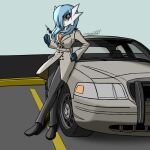  2023 3_fingers alyx_(cobra0281) blue_hair car car_keys clothing coat cobra0281 female fingers ford_crown_victoria gardevoir generation_3_pokemon gloves hair hair_over_eye hand_on_hip handwear hi_res humanoid long_hair looking_at_viewer nintendo not_furry one_eye_obstructed orange_eyes pokemon pokemon_(species) shiny_pokemon signature smile solo topwear trenchcoat vehicle 