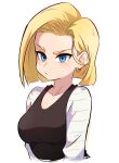  1girl absurdres android_18 blonde_hair blue_eyes blush breasts closed_mouth dashi dragon_ball dragon_ball_z earrings highres jewelry long_sleeves multicolored_shirt shirt short_hair simple_background solo upper_body white_background 
