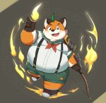  2023 anthro belly big_belly black_nose blush bottomwear canid canine clothing fox hi_res iyo_(tamacolle) kemono kusosensei magic male mammal orange_body overweight overweight_male shirt shorts solo suspenders tamacolle topwear 