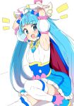 1girl ahoge arm_behind_head armpits blue_cape blue_dress blue_eyes blue_footwear blue_hair blush cape commentary_request cure_sky detached_sleeves dress drop_earrings earrings fingerless_gloves gloves highres hirogaru_sky!_precure jewelry long_hair looking_at_viewer magical_girl multicolored_cape multicolored_clothes open_mouth petticoat precure puffy_detached_sleeves puffy_sleeves red_cape shoes short_sleeves solo sora_harewataru thighhighs tottotonero twintails very_long_hair white_background white_gloves white_thighhighs 